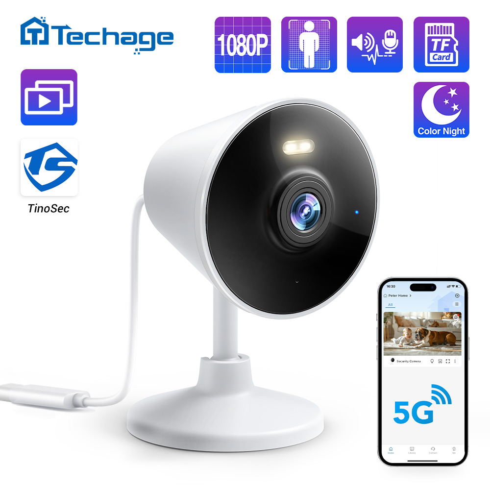 Home Security Google Camera - Techage-ミニホームwifiセキュリティカメラ,2mp,hd,1080p,ワイヤレス,双方向オーディオ,屋内,人間検出,alexaをサポート