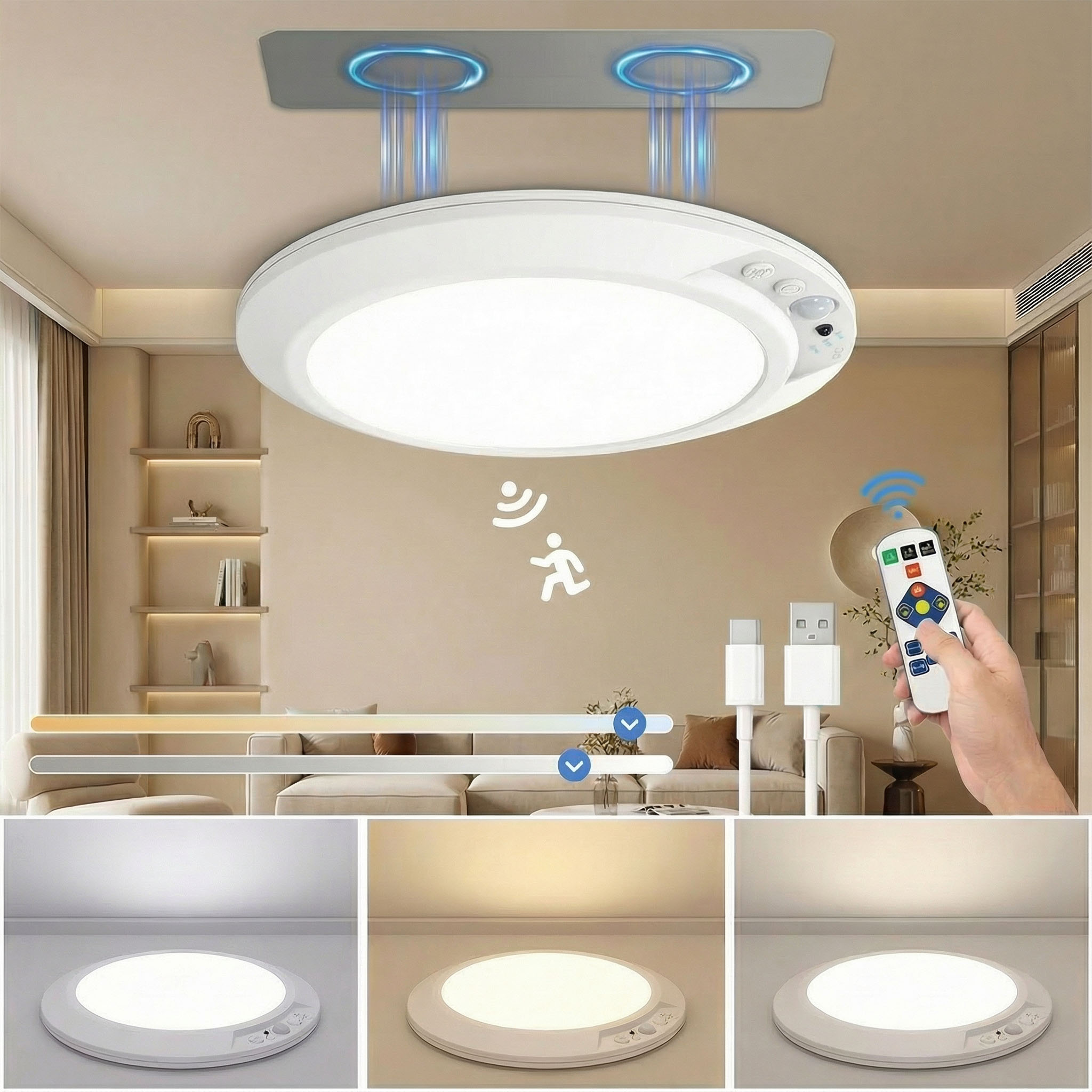 Home Security Beams - モーションセンサー付き充電式LEDシーリングライト、丸型ワイヤレスセキュリティライト、廊下、階段、屋内、玄関用