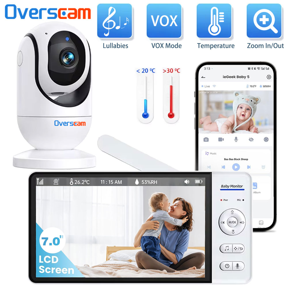 Home Security Cameras Uk - 7.0 インチスクリーンベビーモニター 5000mAh バッテリー屋内スマートホームセキュリティ PTZ ズームカメラビデオ監視温度子守唄