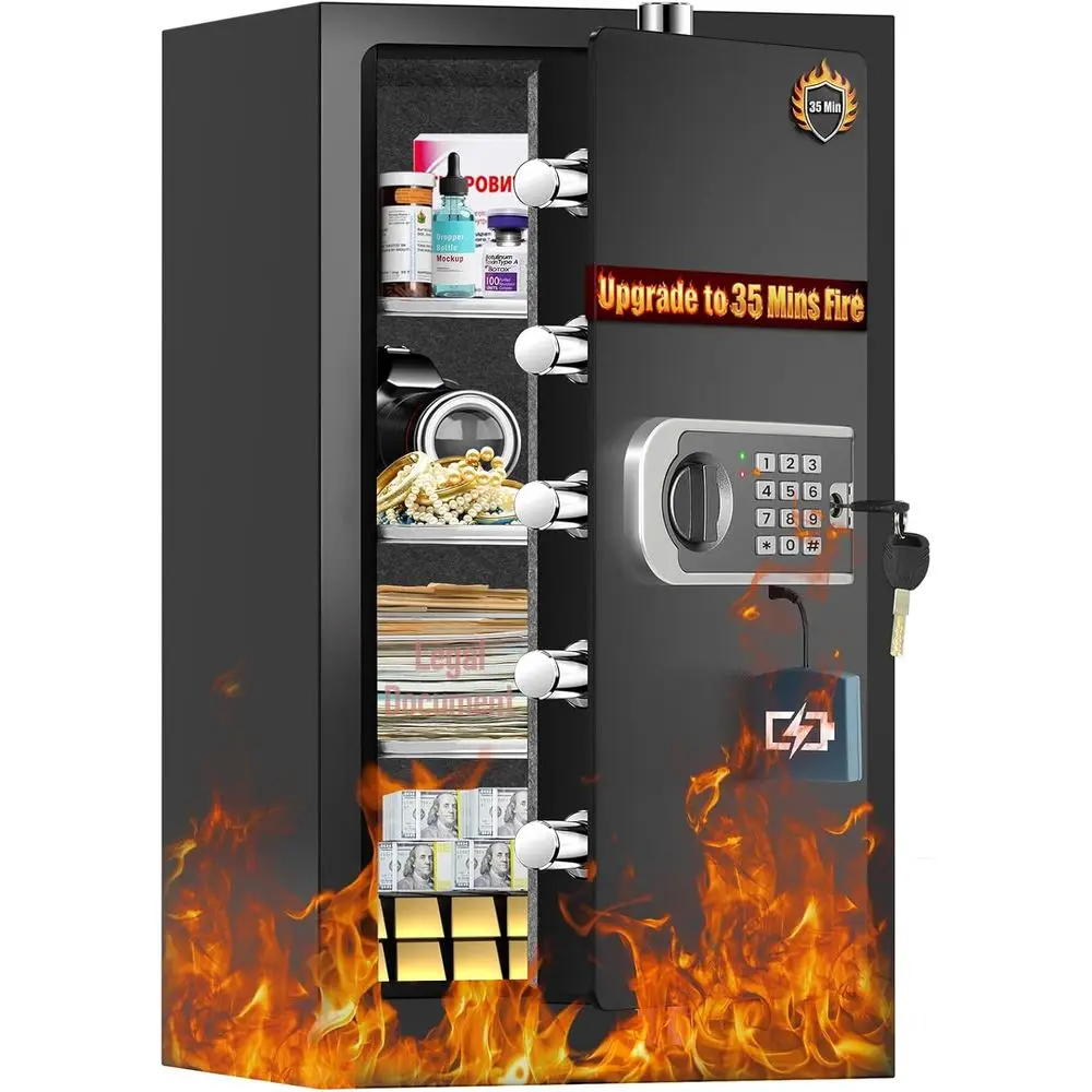 Safe Box Digital - 強化された35分耐火家庭用金庫、7.5防水金庫、デジタルキーパッド付き堅牢セキュリティ金庫、スマートアラート、マルチ機能