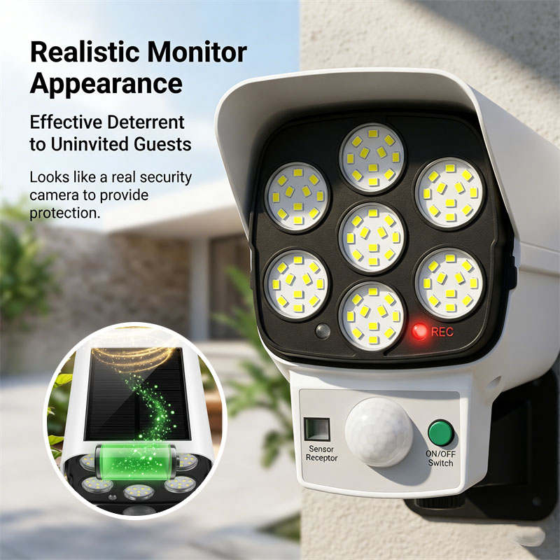 Home Security Beams - ソーラー式ダミーセキュリティカメラ、モーションセンサー付きLED投光器、屋外防水壁掛けランプ、家庭用庭園私道用