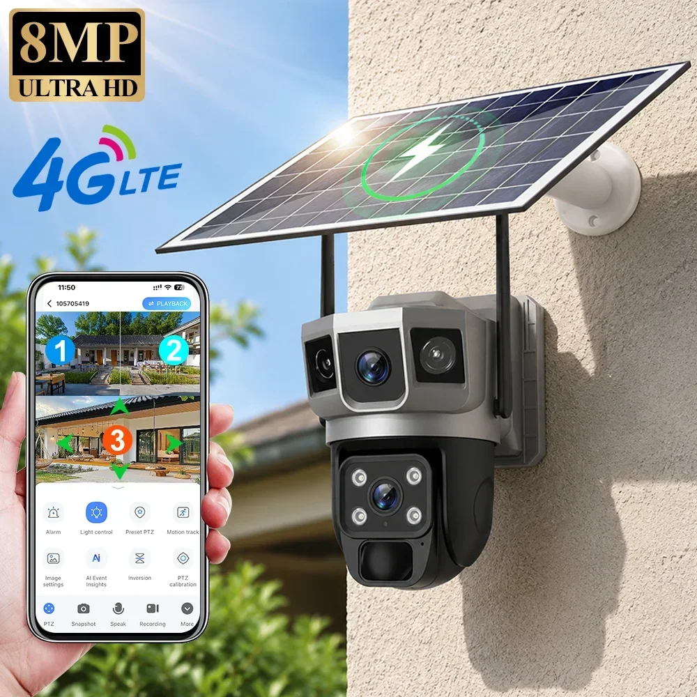 Home Security Guard - V380 4K 3画面 4Gカメラ ソーラーバッテリー PIR