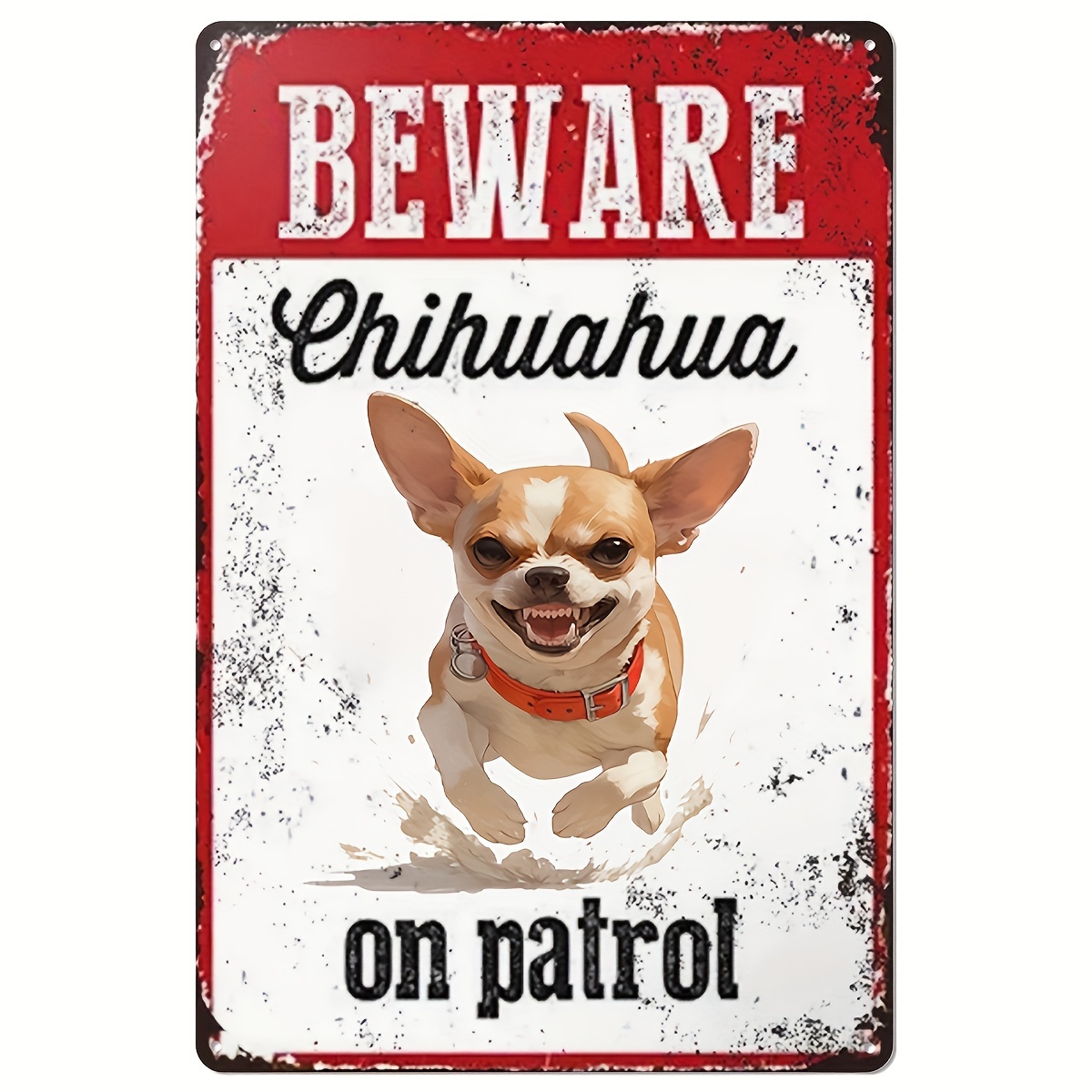 Home Security Guard - チワワの警戒に注意してください メタルサイン - 素朴な鉄製の犬の警告プレート、ホームセキュリティ用、耐候性のある屋外/屋内壁用