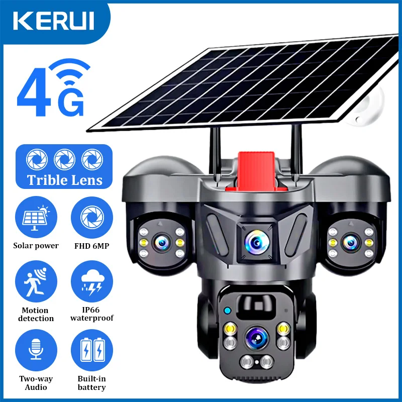 Home Security Guard - KERUI V380 Pro屋外PTZ 6MP WIFI 4GソーラーカメラホームセキュリティトリプルレンズカメラソーラーパネルCCTVビデオ監視